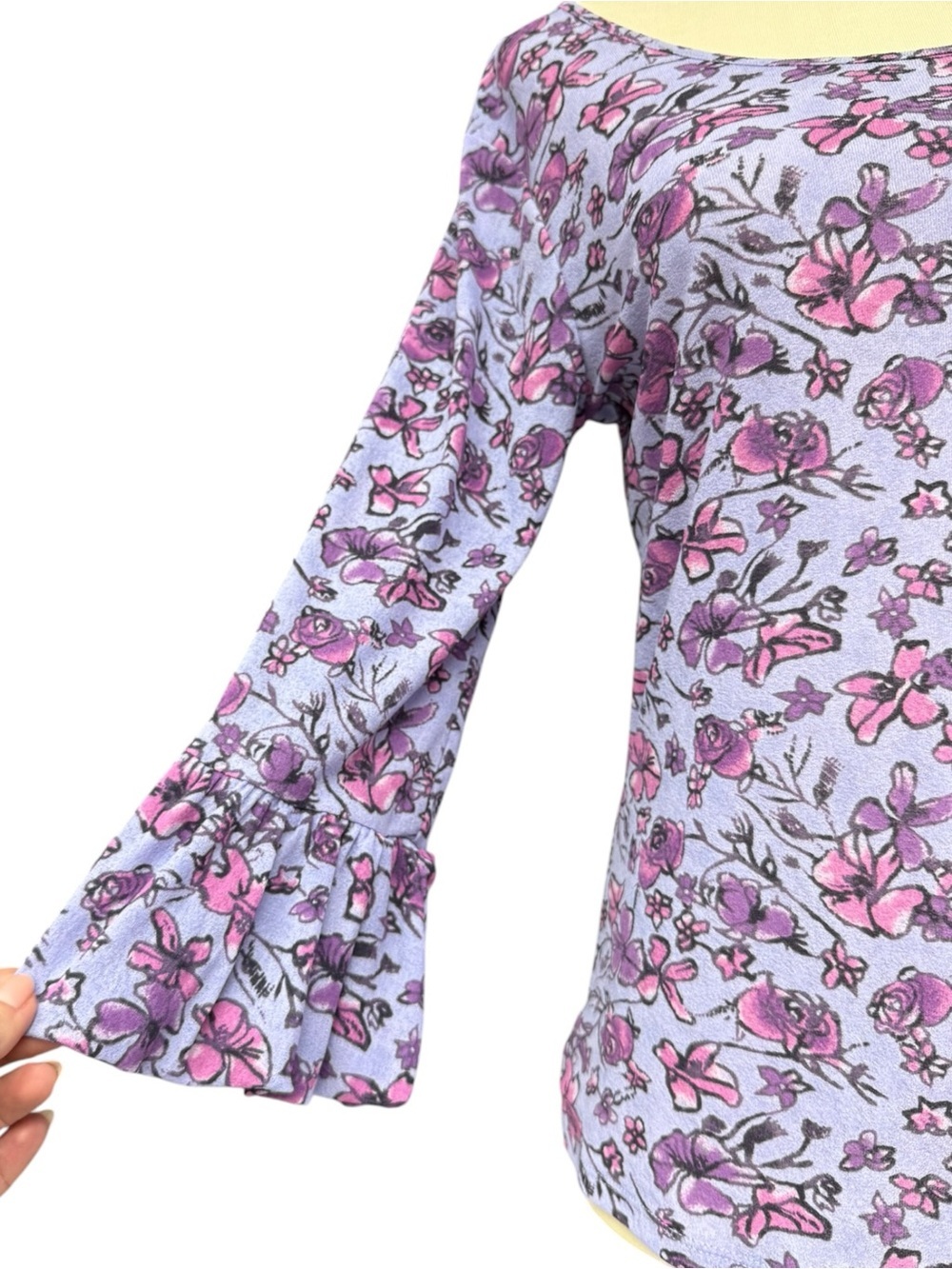 J. Jill Purple Floral Bell Sleeve Top, Size Small, Purple and Pink Cute - Picture 7 of 11